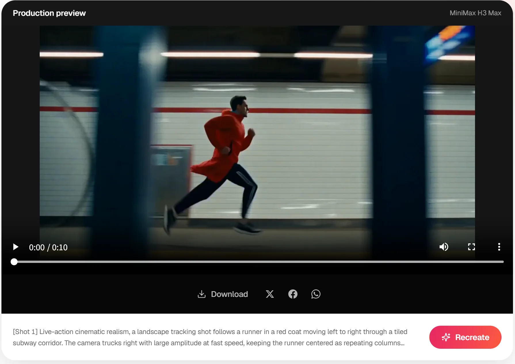 Completed H3 Max production preview with playback, Download and Recreate controls