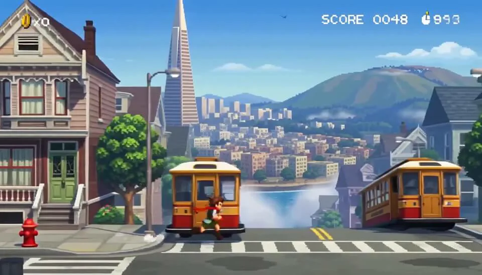 Uploaded first frame showing a stylized San Francisco street with cable cars