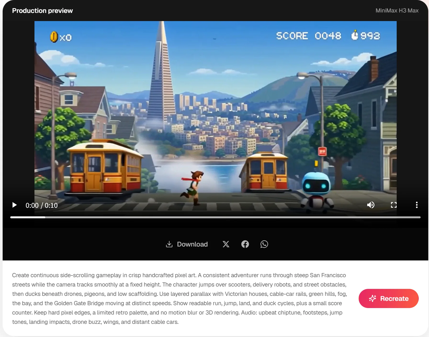Completed Image to Video production preview with Download and Recreate controls