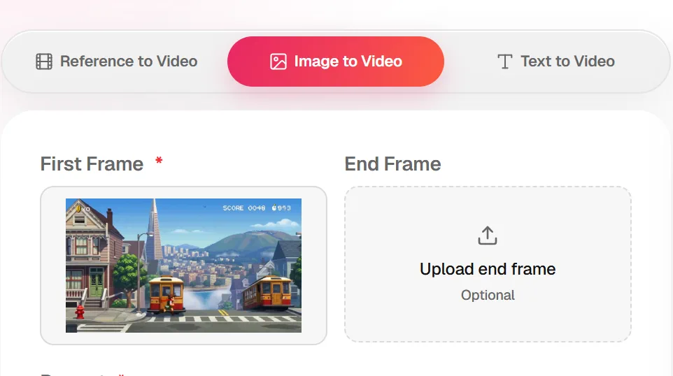 Image to Video selected with the First Frame uploaded and optional End Frame empty