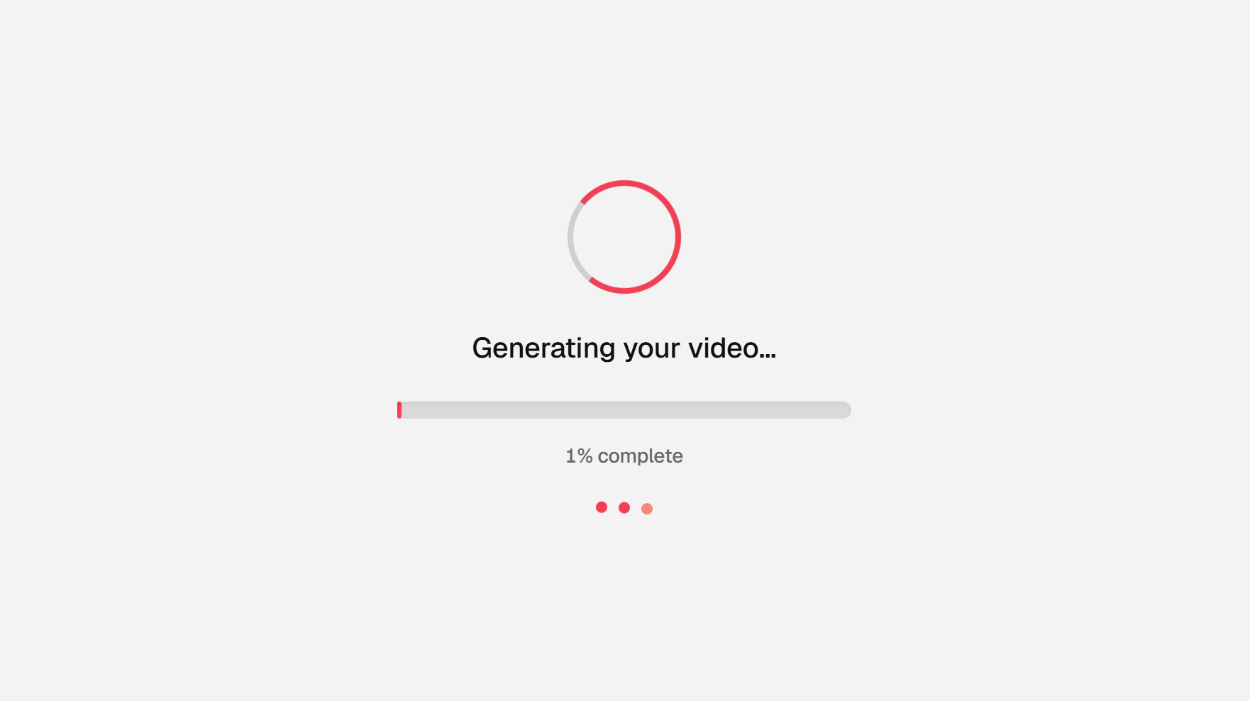 Generation in progress with a progress bar and a 1 percent complete message