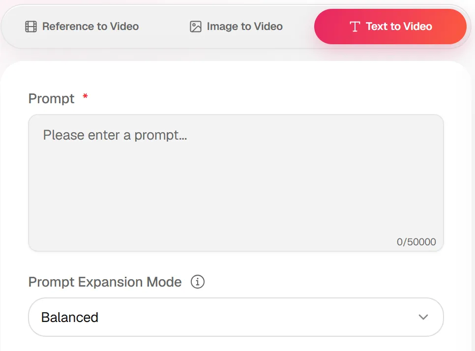 Text to Video selected above the empty Prompt field