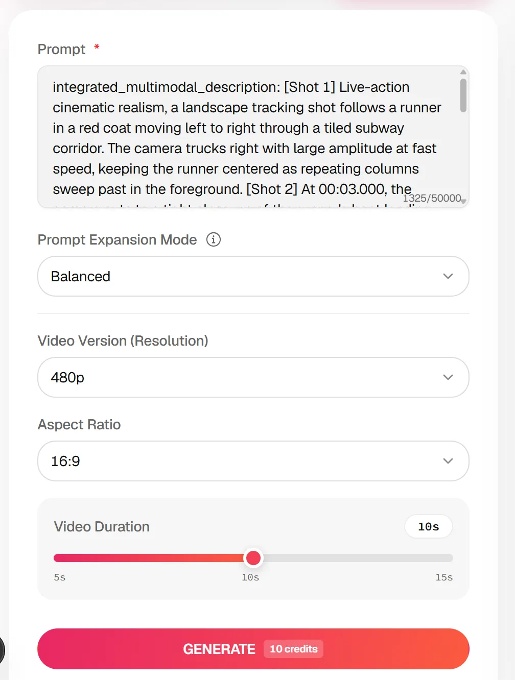Generation form showing 480p resolution, 16:9 aspect ratio, 10-second duration and the Generate button